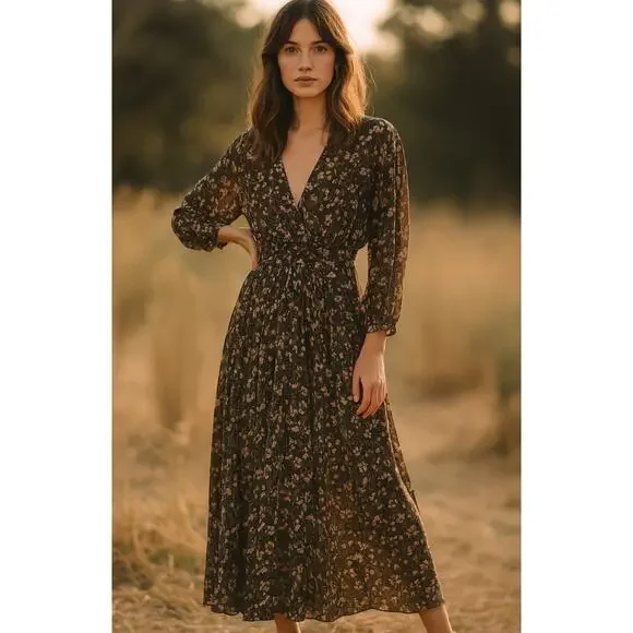 Poupette St Barth M Sheer Ilona Maxi Wrap Dress 100% Silk Long Sleeve Black NEW! - Picture 4 of 11